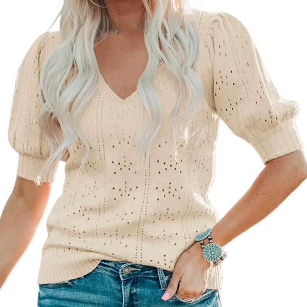 Apricot/Cream Colored V-Neck Sweater, Short Puff Sleeves, Size Medium, Brand New